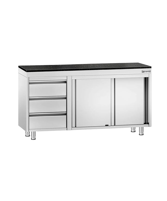 GGM Gastro Stainless Steel Work Cabinet PREMIUM - 1400x700mm - with 3 drawers on the left - incl. granite worktop