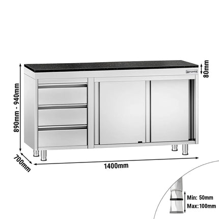 GGM Gastro Stainless Steel Work Cabinet PREMIUM - 1400x700mm - with 3 drawers on the left - incl. granite worktop
