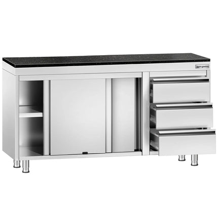 GGM Gastro Stainless Steel Work Cabinet PREMIUM - 1400x700mm - with 3 drawers on the right - incl. granite worktop