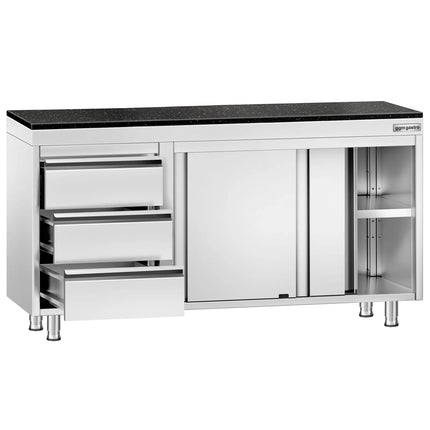 GGM Gastro Stainless Steel Work Cabinet PREMIUM - 1400x700mm - with 3 drawers on the left - incl. granite worktop