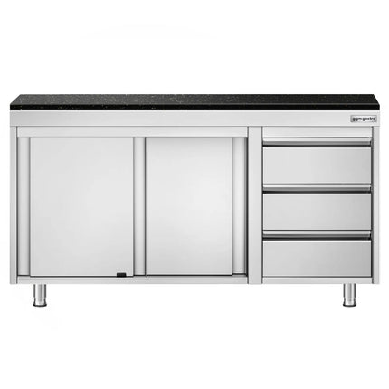 GGM Gastro Stainless Steel Work Cabinet PREMIUM - 1400x700mm - with 3 drawers on the right - incl. granite worktop