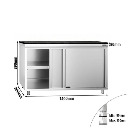 GGM Gastro Stainless Steel Work Cabinet PREMIUM - 1400x800mm - with sliding door - incl. granite worktop