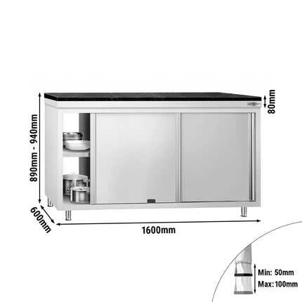 GGM Gastro Stainless Steel Work Cabinet PREMIUM - 1600x600mm - mit Durchreiche - incl. granite worktop