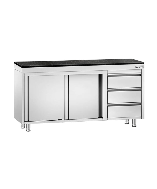 GGM Gastro Stainless Steel Work Cabinet PREMIUM - 1600x600mm - with 3 drawers on the right - incl. granite worktop