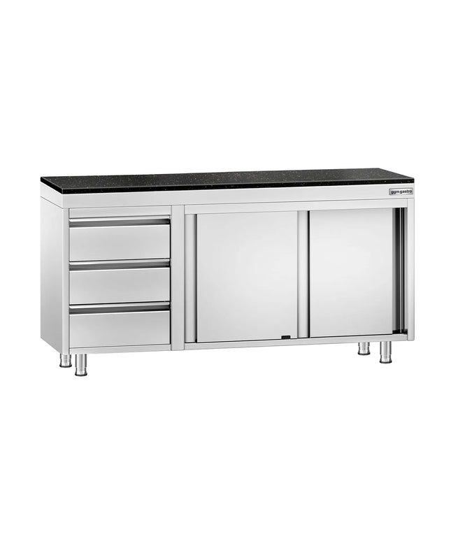 GGM Gastro Stainless Steel Work Cabinet PREMIUM - 1600x600mm - with 3 drawers on the left - incl. granite worktop