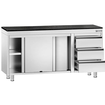 GGM Gastro Stainless Steel Work Cabinet PREMIUM - 1600x600mm - with 3 drawers on the right - incl. granite worktop