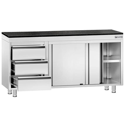 GGM Gastro Stainless Steel Work Cabinet PREMIUM - 1600x600mm - with 3 drawers on the left - incl. granite worktop