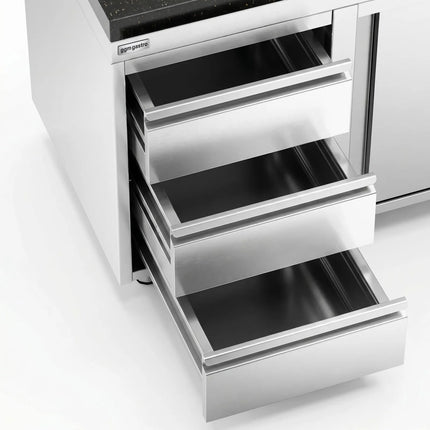 GGM Gastro Stainless Steel Work Cabinet PREMIUM - 1600x600mm - with 3 drawers on the left - incl. granite worktop