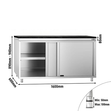 GGM Gastro Stainless Steel Work Cabinet PREMIUM - 1600x600mm - with sliding door - incl. granite worktop
