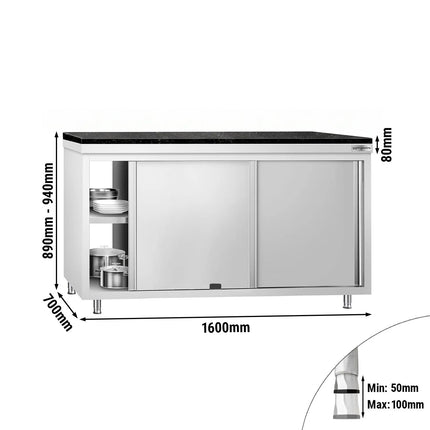 GGM Gastro Stainless Steel Work Cabinet PREMIUM - 1600x700mm - mit Durchreiche - incl. granite worktop