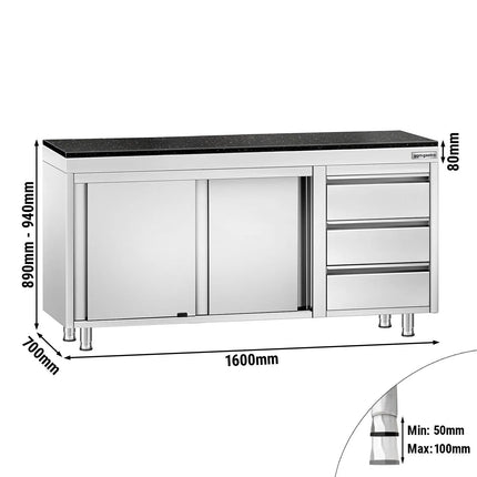 GGM Gastro Stainless Steel Work Cabinet PREMIUM - 1600x700mm - with 3 drawers on the right - incl. granite worktop