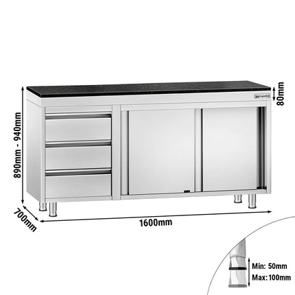 GGM Gastro Stainless Steel Work Cabinet PREMIUM - 1600x700mm - with 3 drawers on the left - incl. granite worktop