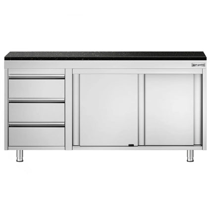 GGM Gastro Stainless Steel Work Cabinet PREMIUM - 1600x700mm - with 3 drawers on the left - incl. granite worktop