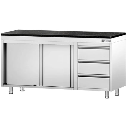 GGM Gastro Stainless Steel Work Cabinet PREMIUM - 1600x700mm - with 3 drawers on the right - incl. granite worktop