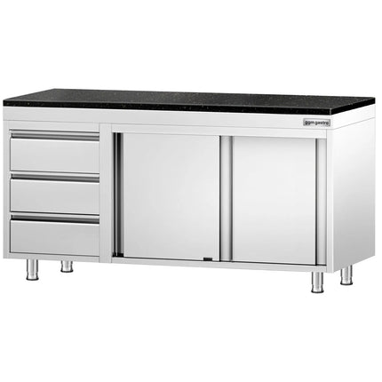 GGM Gastro Stainless Steel Work Cabinet PREMIUM - 1600x700mm - with 3 drawers on the left - incl. granite worktop
