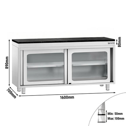 GGM Gastro Stainless Steel Work Cabinet PREMIUM - 1600x700mm - with glass sliding door - incl. granite worktop