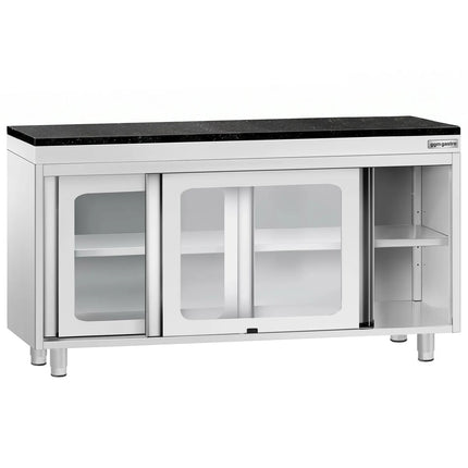 GGM Gastro Stainless Steel Work Cabinet PREMIUM - 1600x700mm - with glass sliding door - incl. granite worktop