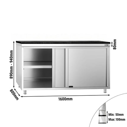 GGM Gastro Stainless Steel Work Cabinet PREMIUM - 1600x800mm - with sliding door - incl. granite worktop