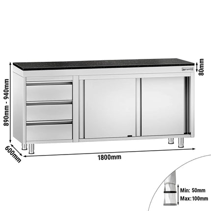GGM Gastro Stainless Steel Work Cabinet PREMIUM - 1800x600mm - with 3 drawers on the left - incl. granite worktop