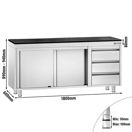 GGM Gastro Stainless Steel Work Cabinet PREMIUM - 1800x600mm - with 3 drawers on the right - incl. granite worktop