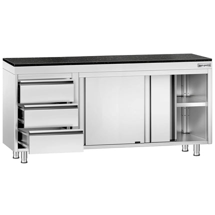 GGM Gastro Stainless Steel Work Cabinet PREMIUM - 1800x600mm - with 3 drawers on the left - incl. granite worktop