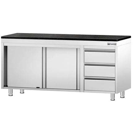 GGM Gastro Stainless Steel Work Cabinet PREMIUM - 1800x600mm - with 3 drawers on the right - incl. granite worktop