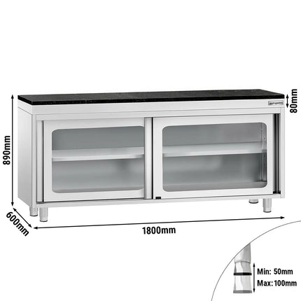 GGM Gastro Stainless Steel Work Cabinet PREMIUM - 1800x600mm - with glass sliding door - incl. granite worktop
