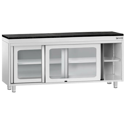 GGM Gastro Stainless Steel Work Cabinet PREMIUM - 1800x600mm - with glass sliding door - incl. granite worktop