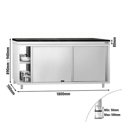 GGM Gastro Stainless Steel Work Cabinet PREMIUM - 1800x700mm - mit Durchreiche - incl. granite worktop