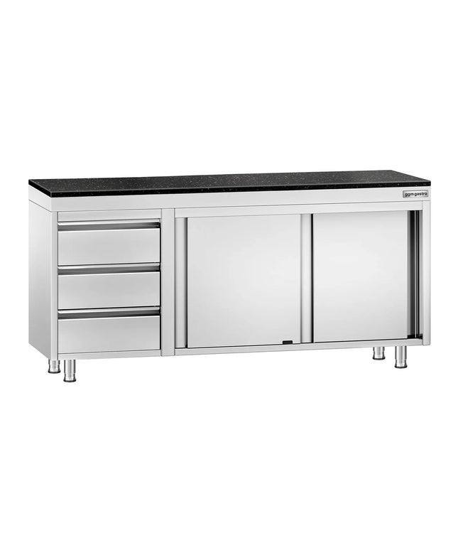 GGM Gastro Stainless Steel Work Cabinet PREMIUM - 1800x700mm - with 3 drawers on the left - incl. granite worktop