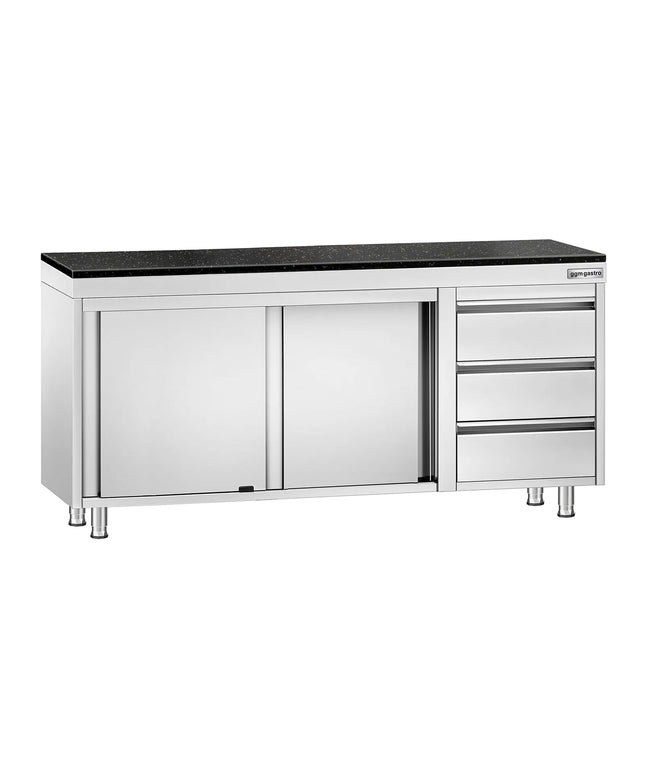 GGM Gastro Stainless Steel Work Cabinet PREMIUM - 1800x700mm - with 3 drawers on the right - incl. granite worktop