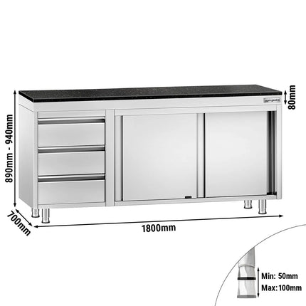 GGM Gastro Stainless Steel Work Cabinet PREMIUM - 1800x700mm - with 3 drawers on the left - incl. granite worktop