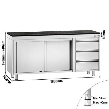 GGM Gastro Stainless Steel Work Cabinet PREMIUM - 1800x700mm - with 3 drawers on the right - incl. granite worktop
