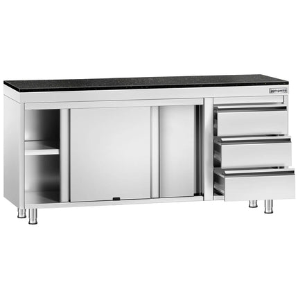 GGM Gastro Stainless Steel Work Cabinet PREMIUM - 1800x700mm - with 3 drawers on the right - incl. granite worktop