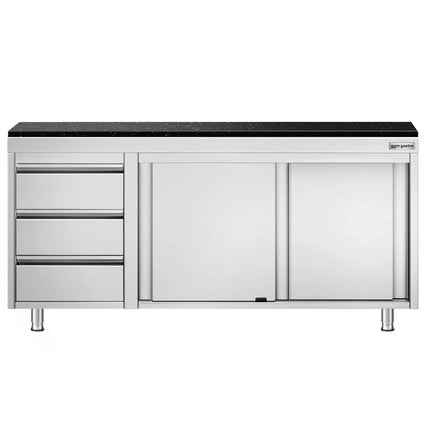 GGM Gastro Stainless Steel Work Cabinet PREMIUM - 1800x700mm - with 3 drawers on the left - incl. granite worktop