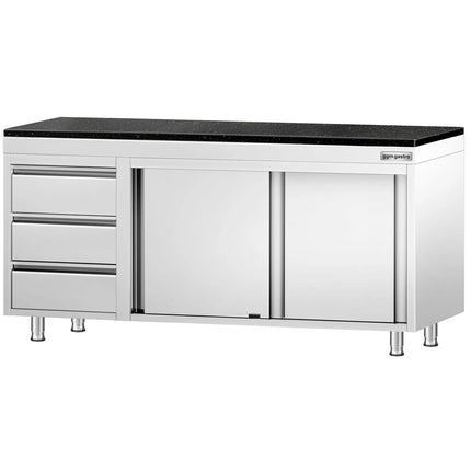 GGM Gastro Stainless Steel Work Cabinet PREMIUM - 1800x700mm - with 3 drawers on the left - incl. granite worktop