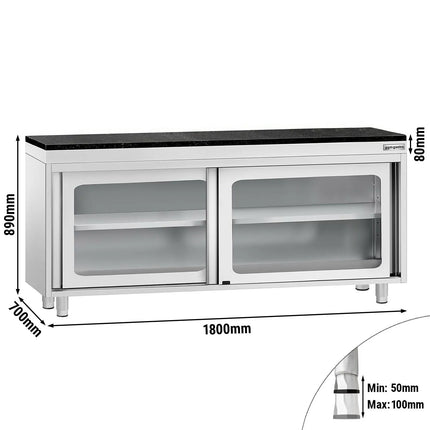 GGM Gastro Stainless Steel Work Cabinet PREMIUM - 1800x700mm - with glass sliding door - incl. granite worktop