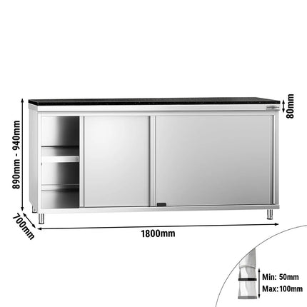 GGM Gastro Stainless Steel Work Cabinet PREMIUM - 1800x700mm - with sliding door - incl. granite worktop