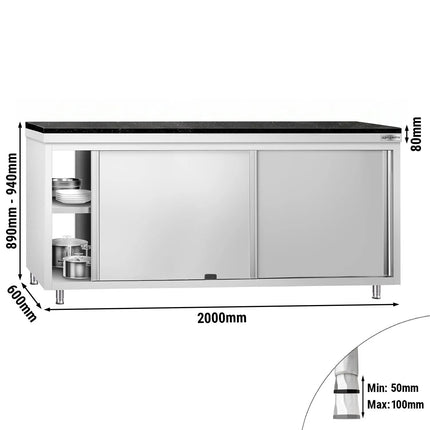 GGM Gastro Stainless Steel Work Cabinet PREMIUM - 2000x600mm - mit Durchreiche - incl. granite worktop