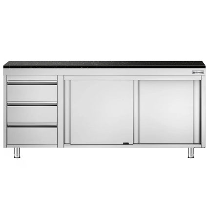 GGM Gastro Stainless Steel Work Cabinet PREMIUM - 2000x600mm - with 3 drawers on the left - incl. granite worktop