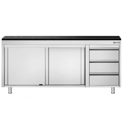 GGM Gastro Stainless Steel Work Cabinet PREMIUM - 2000x600mm - with 3 drawers on the right - incl. granite worktop