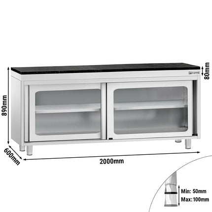 GGM Gastro Stainless Steel Work Cabinet PREMIUM - 2000x600mm - with glass sliding door - incl. granite worktop
