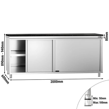 GGM Gastro Stainless Steel Work Cabinet PREMIUM - 2000x600mm - with sliding door - incl. granite worktop
