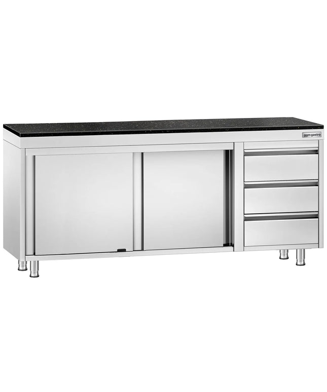 GGM Gastro Stainless Steel Work Cabinet PREMIUM - 2000x700mm - with 3 drawers on the right - incl. granite worktop