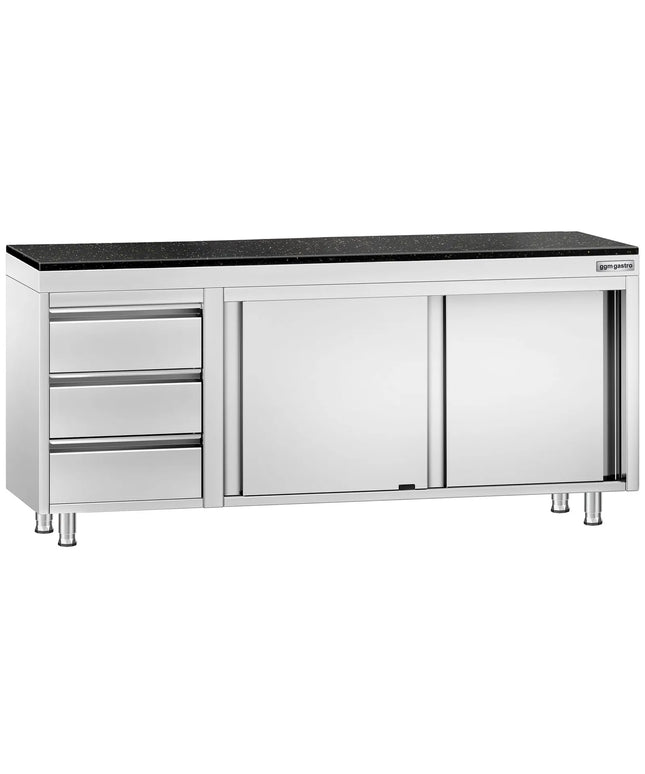 GGM Gastro Stainless Steel Work Cabinet PREMIUM - 2000x700mm - with 3 drawers on the left - incl. granite worktop