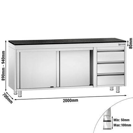GGM Gastro Stainless Steel Work Cabinet PREMIUM - 2000x700mm - with 3 drawers on the right - incl. granite worktop