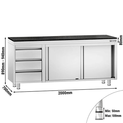 GGM Gastro Stainless Steel Work Cabinet PREMIUM - 2000x700mm - with 3 drawers on the left - incl. granite worktop