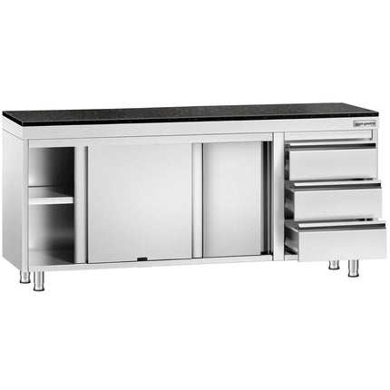 GGM Gastro Stainless Steel Work Cabinet PREMIUM - 2000x700mm - with 3 drawers on the right - incl. granite worktop