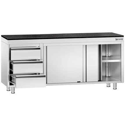GGM Gastro Stainless Steel Work Cabinet PREMIUM - 2000x700mm - with 3 drawers on the left - incl. granite worktop