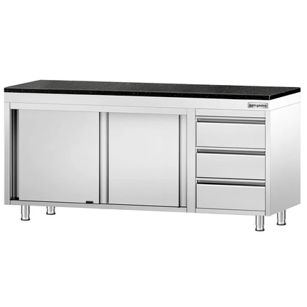 GGM Gastro Stainless Steel Work Cabinet PREMIUM - 2000x700mm - with 3 drawers on the right - incl. granite worktop